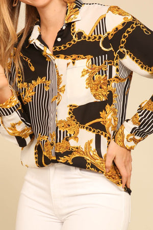 Print Button Down Blouse